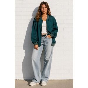 Vintage Teal Green 100% Silk Bomber Jacket Zip Up Oversized Streetwear XL